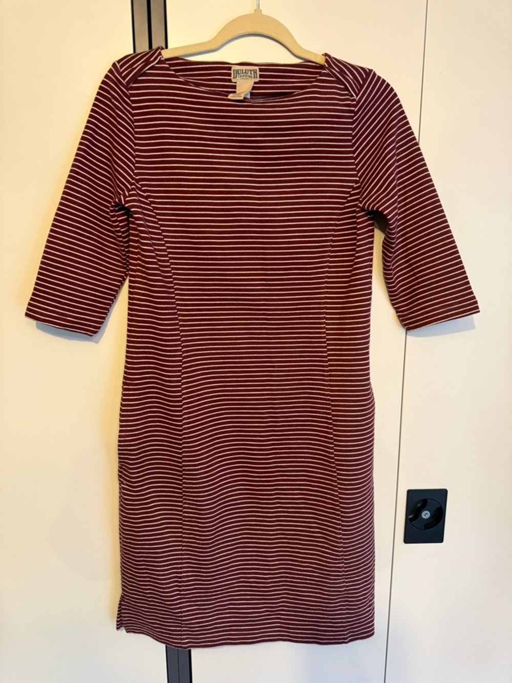 Duluth Trading Co Burgundy and White Striped Knee Length Dress